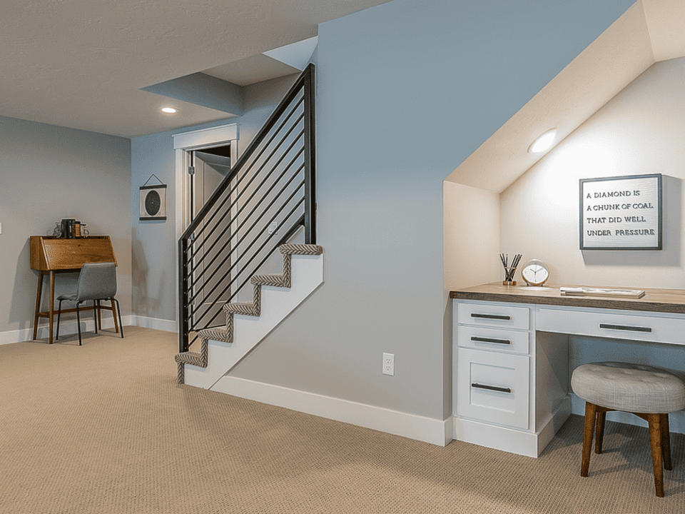Basement Finishing in Central Connecticut interior shot with custom railing
